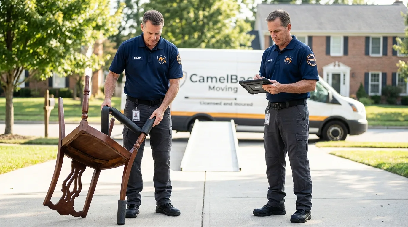 Movers inspecting furniture for damage prevention before loading in Rio Verde, AZ