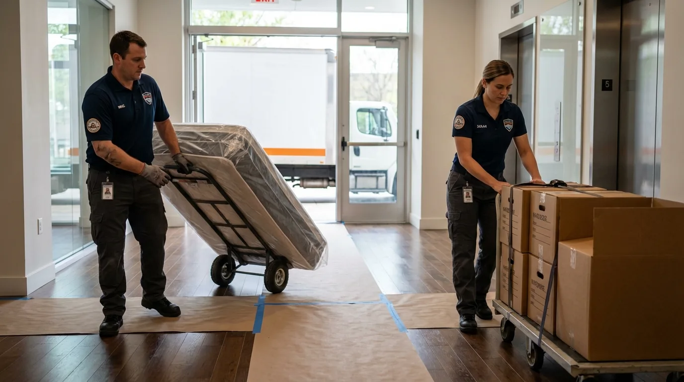 Professional apartment movers loading elevator in Rio Verde, AZ